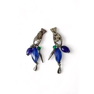 90s Postmodern Vintage Beaded Fish Earrings Clip On Boho Blue Bead Silver Dangle